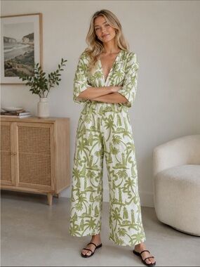 Girl & The Sun Hunter wide leg green and white jumpsuit 36790